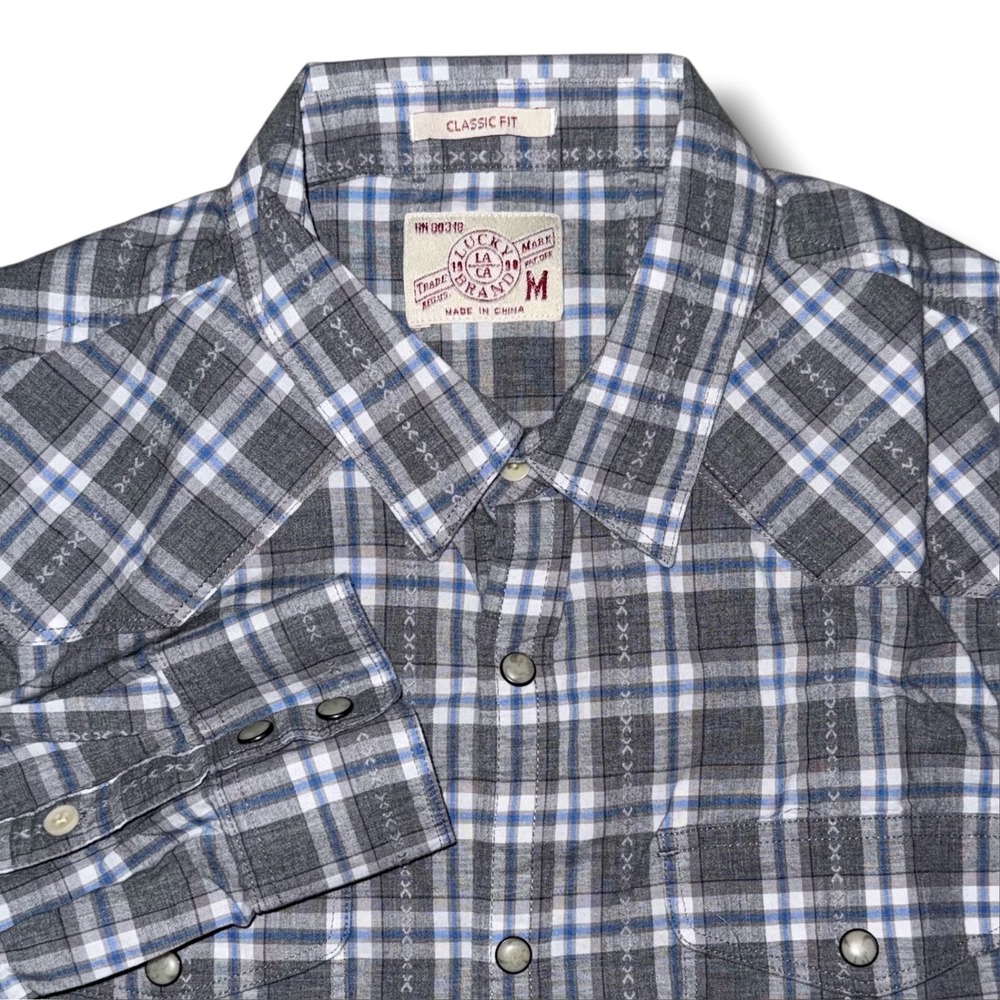 Lucky Brand Mens Grey Blue Plaid Western Snap Long Sleeve Shirt Classic Fit M